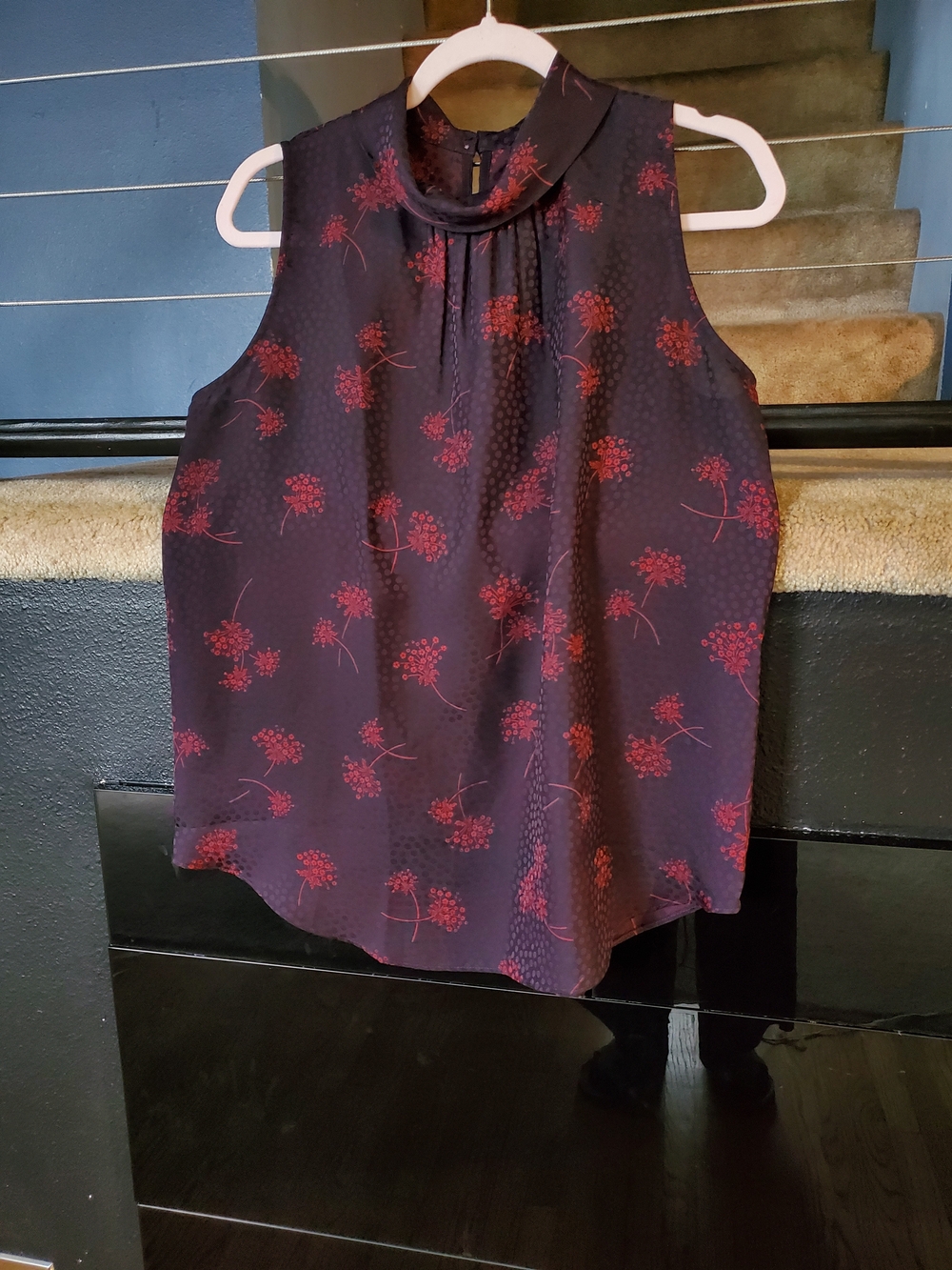 Ann Taylor Sleeveless Mock Neck Blouse - Deep Purple with Red Floral Print